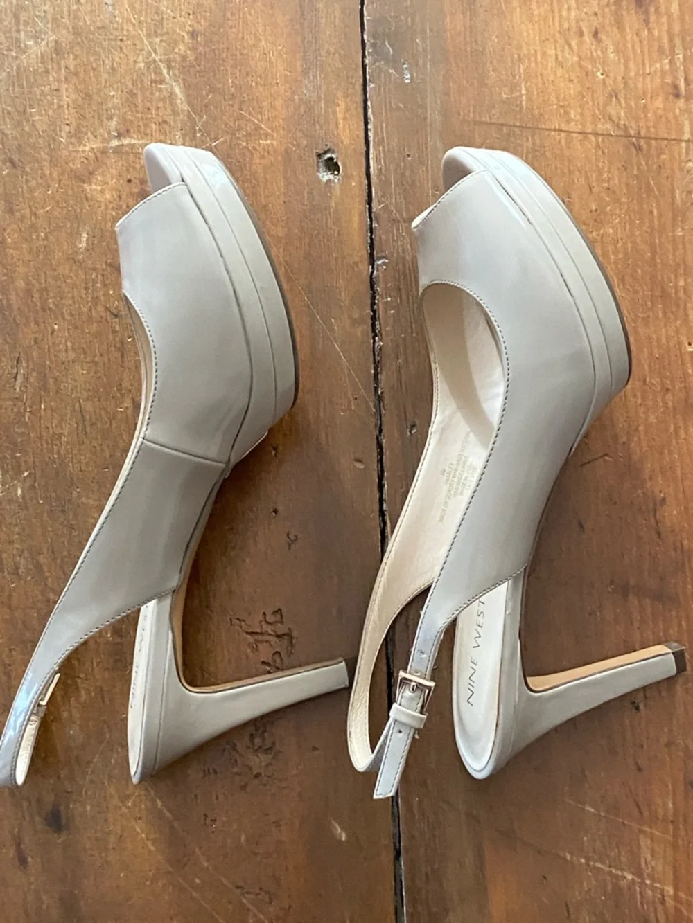 Nine West Taupe Patent Peep-Toe Slingback Heels - Picture 6 of 15